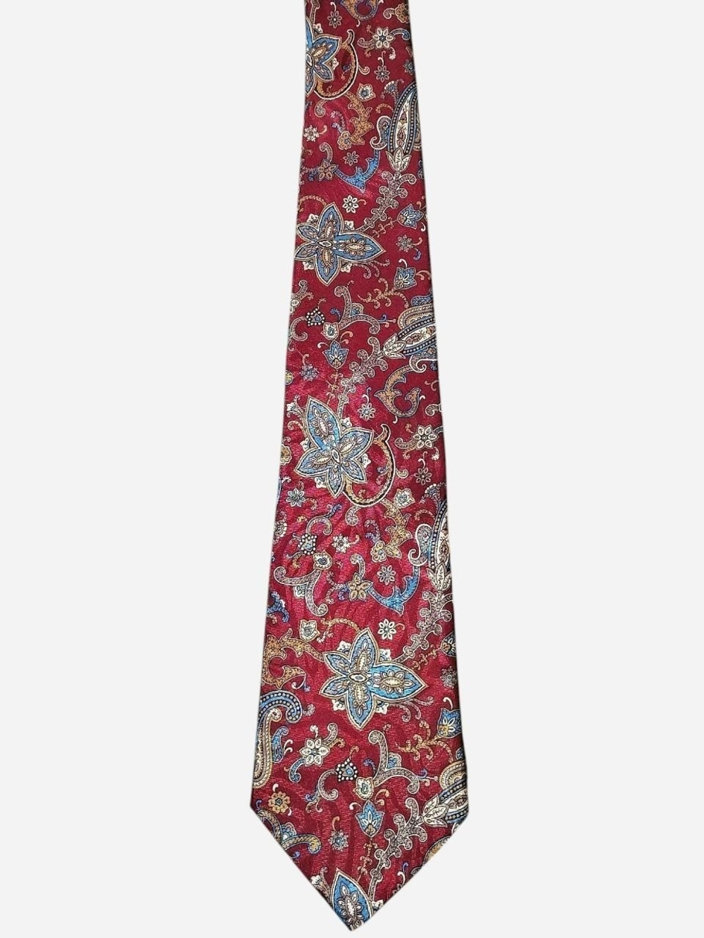 Men's Burgundy Paisley Silk-Effect Tie with Blue Accents